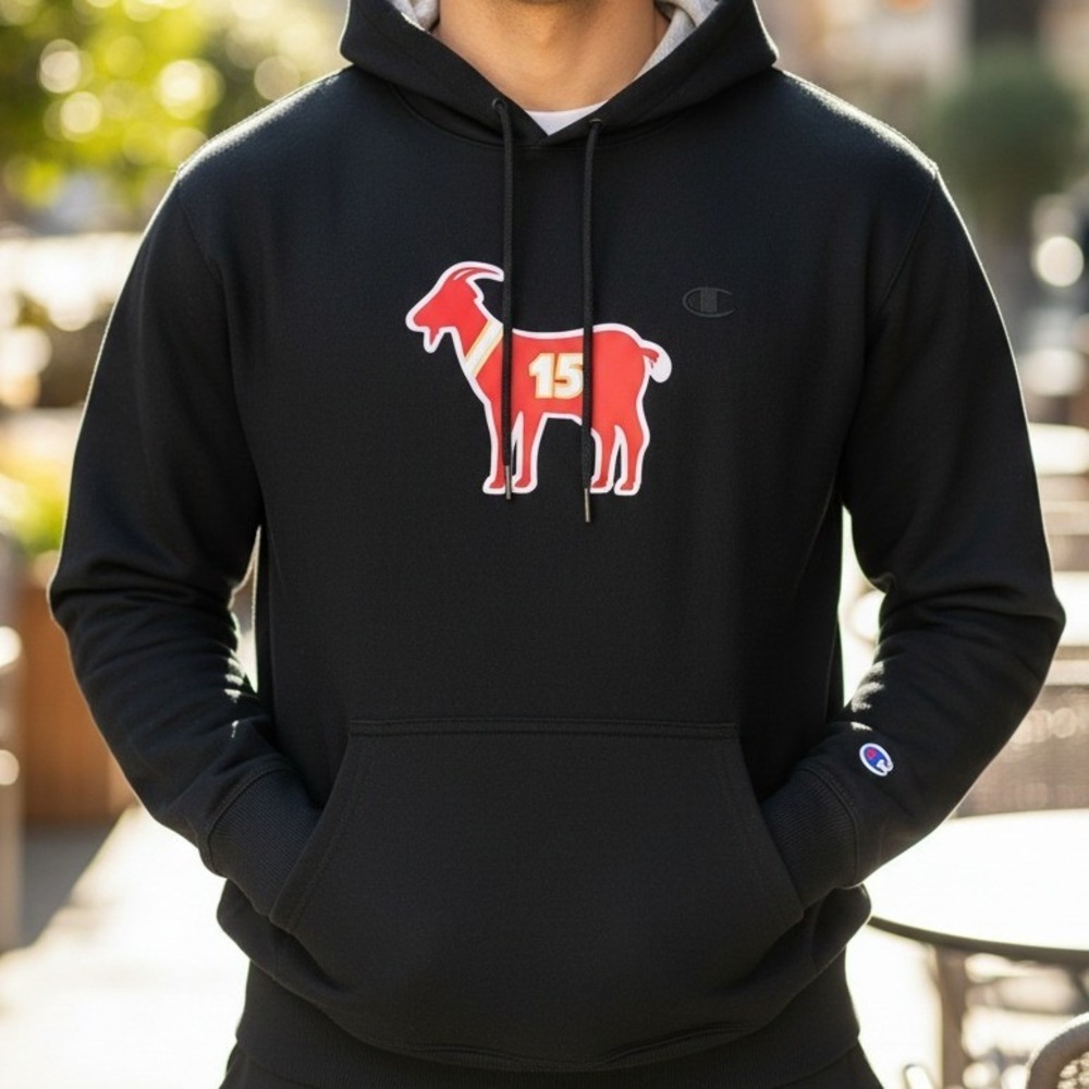 Champion Black‎ Hoodie Patrick Mahomes GOAT #15 Graphic Logo Men's Sweatshirt